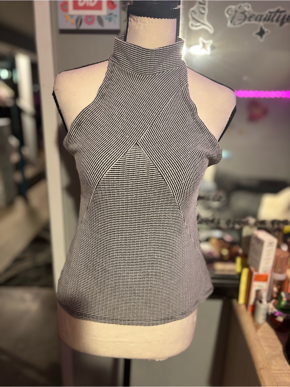 Clockhouse Striped Black & White Halter Neck Knit Mock Neck Top